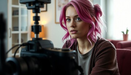 A blogger woman with vibrant pink hair is sitting comfortably in front of a camera