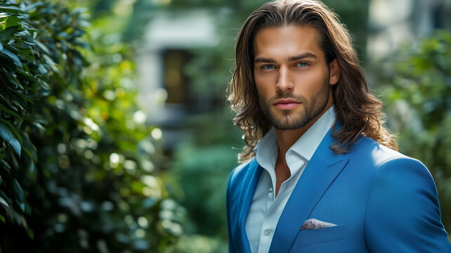 Portrait of sexy handsome fashion male model dressed in elegant suit posing outdoor. Long haired Metrosexual. Attractive man posing for a fashion shoot.