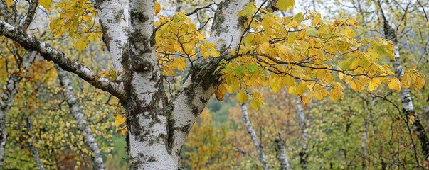 Golden Autumn Leaves Against Birch Bark, Close-Up, Yellow, White, Green, Nature, Fall