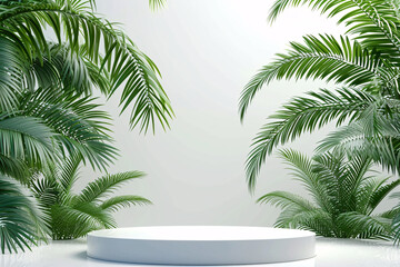 Obraz premium 3D podium set against a summer backdrop featuring tropical palms, perfect for showcasing beauty and cosmetics products.