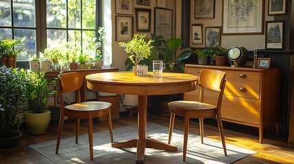 Fototapeta premium A sunny living room with a wooden table and chairs, surrounded by plants and framed artwork.