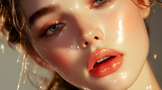 model posing with glossy lipstick, with emphasis on the lip gloss&rsquo;s high-shine effect and its impact