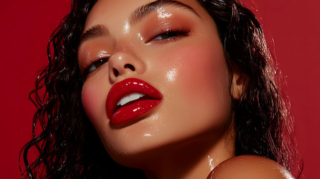 model posing with glossy lipstick, with emphasis on the lip gloss&rsquo;s high-shine effect and its impact