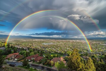 Rainbow Over the City, Rain Bow Sky Town Landscape, Urban Cityscape after Rain, Rainbow