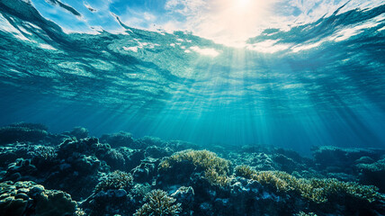 Fototapeta premium Vibrant underwater coral reef thriving under sunlight during World Animal Day celebrations