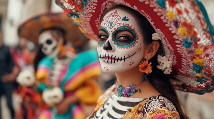 Fototapeta premium A vibrant and detailed depiction of people dressed in traditional Day of the Dead (Día de los Muertos) costumes, adorned with colorful face paint, skull masks, and elegant dresses