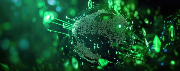 A vibrant green abstract sphere surrounded by luminous particles, creating a captivating digital atmosphere.