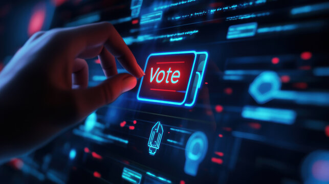 A hand is pressing glowing Vote button on digital touchscreen interface, symbolizing importance of participation in elections and modern voting technology