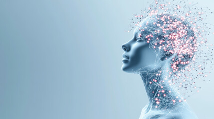 A digital representation of a human profile with a neural network, symbolizing artificial intelligence, connectivity, and advanced technology in a futuristic context.