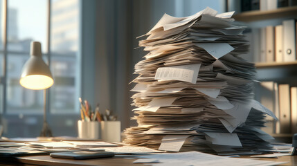 A towering stack of cluttered paperwork dominates a desk in an office setting, suggesting a heavy workload with significant organizational tasks ahead.