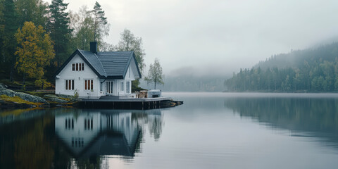 Fototapeta premium A serene lakeside house surrounded by a misty forest, reflecting peacefully on the calm water.