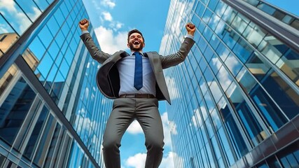 Thrilled businessman leaping from the skyscraper to celebrate his accomplishments