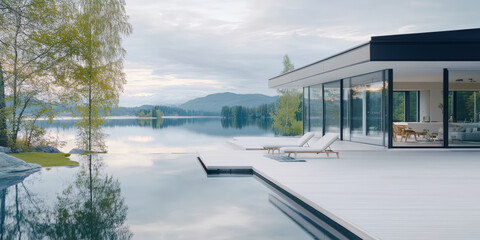 Fototapeta premium Modern lakeside home with glass walls, expansive deck, and serene views. The tranquil setting features lounge chairs overlooking the reflective water, surrounded by nature.