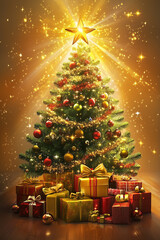 A magical and festive scene featuring a beautifully decorated Christmas tree adorned with twinkling lights and colorful ornaments. Beneath the tree, a pile of wrapped presents sits,