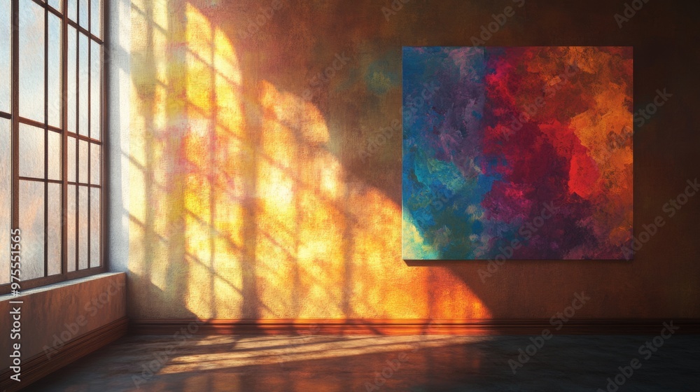 Poster abstract colorful artwork on empty room wall with window