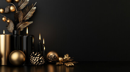 Elegant golden decor with candles and ornaments against a black background in a cozy ambient setting
