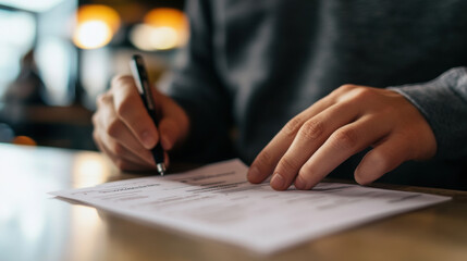 Filling out voter registration form with focused attention, this image captures importance of civic engagement and participation in democratic process