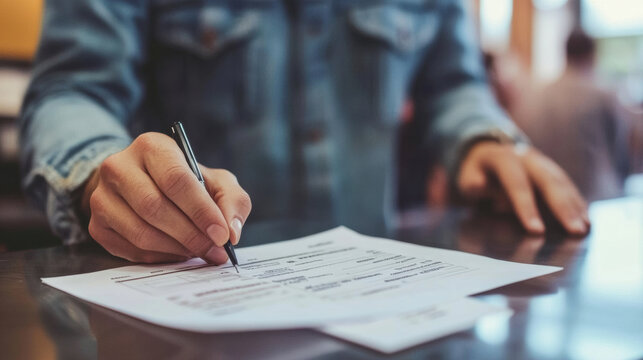 A person is filling out voter registration form on counter, showcasing importance of civic engagement. scene captures moment of participation in democratic process