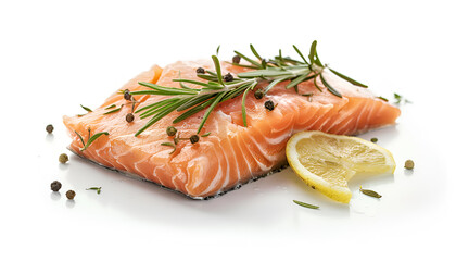 Fresh Salmon fish fillet isolated on white background, Salmon fish fillet with rosemary on black plate over white With clipping path