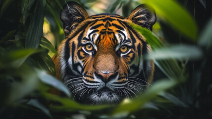 Fototapeta premium Majestic tiger peering through dense foliage during World Animal Day celebration