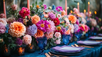 A vibrant centerpiece of colorful flowers, candles, and blue glassware adorn a luxurious wedding table setting.