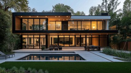 Fototapeta premium A stunning modern home with large glass windows and a serene pool area surrounded by lush greenery at dusk