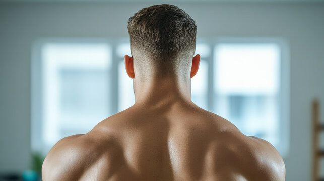 A muscular person facing away, showcasing a well-defined back and shoulder muscles in a well-lit room.
