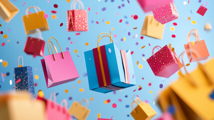 Colorful shopping bags and confetti floating in the air during a festive celebration, symbolizing joy and excitement for shopaholics