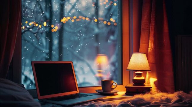 Laptop and glowing lamp on a table by the window during a winter evening, creating a warm and cozy workspace atmosphere.
  Seamless looping 4k time-lapse virtual video animation Generated AI