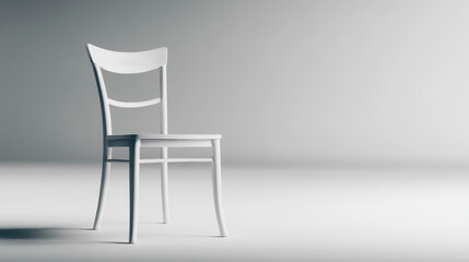 A minimalist white wooden chair is placed in a plain, well-lit room, casting a subtle shadow. The simple design exudes modern elegance.