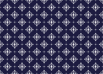 White symbol floral on dark blue background, ethnic fabric seamless pattern, design for cloth, carpet, batik, wallpaper, wrapping etc.