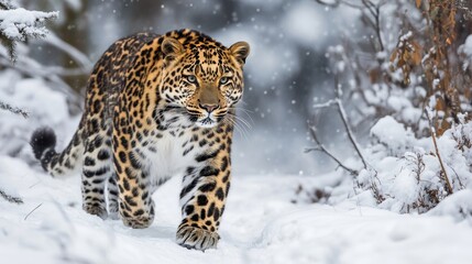 Fototapeta premium Majestic Amur Leopard Prowling in Snow-Covered Forest