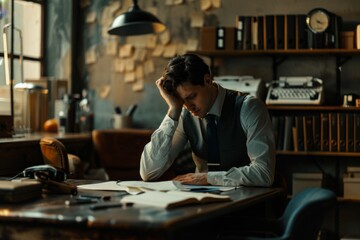 Sad office worker, tired manager, sad person, having bad day, overworked burnout, a lot of paperwork