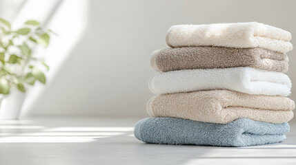 A neatly folded stack of soft, fluffy towels in neutral tones, with sunlight streaming in and a plant blurred in the background.