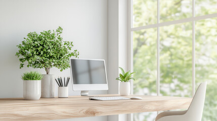 A minimalist workspace with a computer, potted plants, and a large window allowing natural light to create a calm and productive atmosphere.