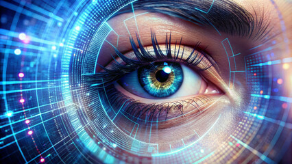 Close-up of the human eye is surrounded by intricate digital circuits,highlighting the fusion of biological and technological elements.Bright blue and gold shades of the eyes create a contrast.AI gene