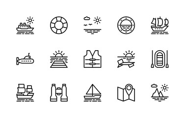 Travel by sea vector linear icons set. Isolated icon collection such as cruise, ship, Sun, Lifebuoy, horizon and more.