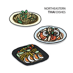 Somtum Collection, Thai food. Hand draw style vector illustration.