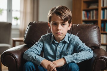 Obraz premium Portrait of serious boy sitting on armchair at home