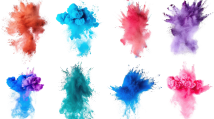 Set collection of color powder explosion on transparent background