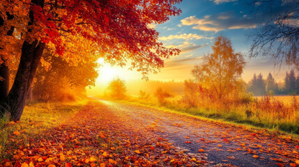 Fototapeta premium Autumn leaves fluttering in the sunlight as they fall gently to the ground during a serene afternoon in the forest