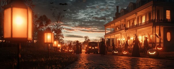 A spooky street scene at dusk, featuring illuminated lanterns and a festive Halloween atmosphere with carved pumpkins and a haunted house backdrop.