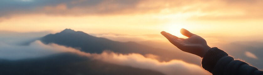 A hand reaching towards the setting sun over a mountain range, symbolizing hope, opportunity, and connection with nature's beauty.