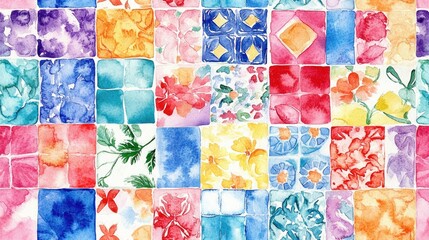 Image of Watercolor seamless patchwork design featuring artistic abstract ethnic tiles Hand drawn watercolor texture with a vibrant floral pattern printed on Printed Glass Splashbacks