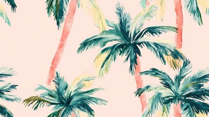 Obraz premium Seamless watercolor pattern featuring palm trees in a modern style Botanical design with tropical colors Exotic palm tree print suitable for various uses