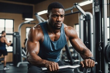Naklejka premium Black man exercising on machine in gym