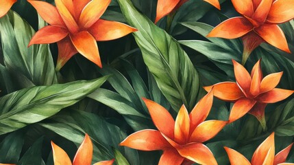 Seamless pattern of Guzmania flowers Watercolor illustration