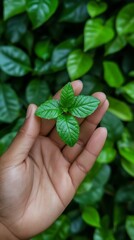 Hand holding vibrant green plant leaf, nature focus