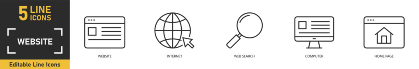 Fototapeta premium Website line icon set. Set of 5 outline icons related to website, internet, web search, computer, home page and more. Vector illustration.