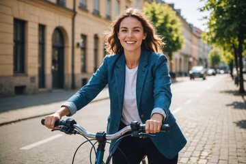 Portrait Happy young woman riding electric bicycle on sunny day
